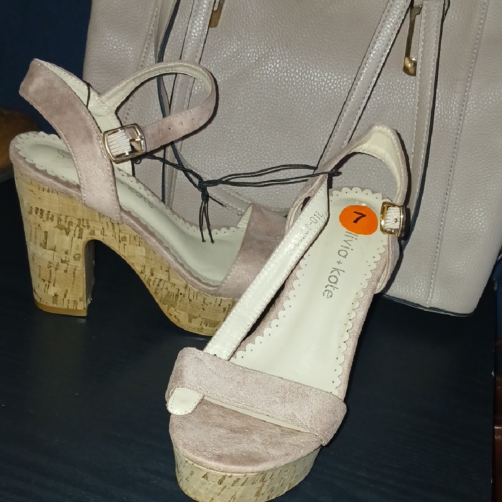 Tan Platform Shoes with Cork Heel and Ankle Wrap